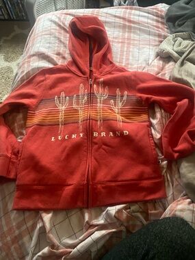 Lucky Brand Red Zip Hoodie with Southwestern Cactus Stripe